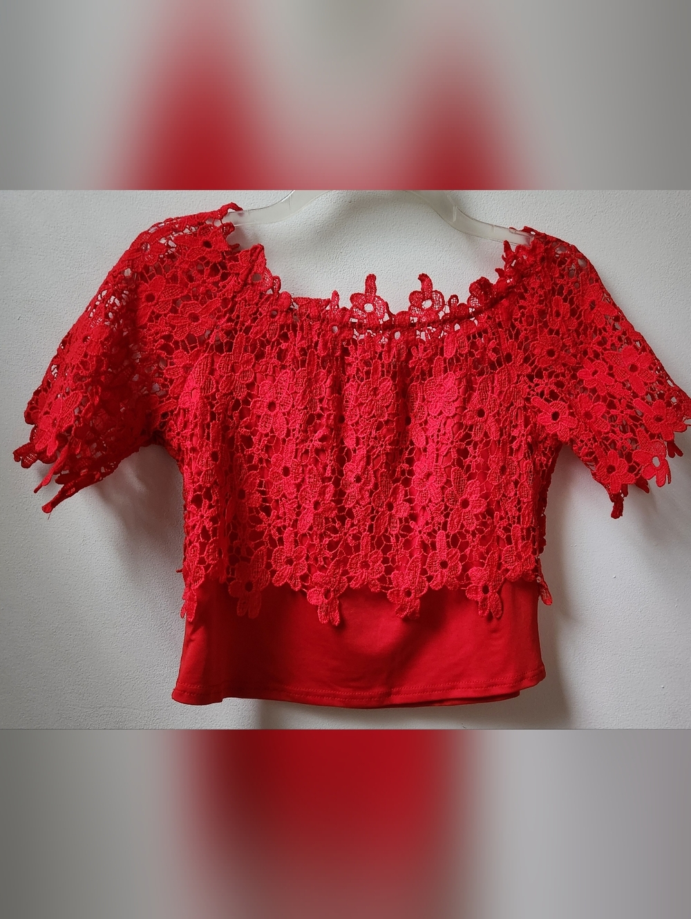 Red Lace Overlay Off-Shoulder Women's Top
